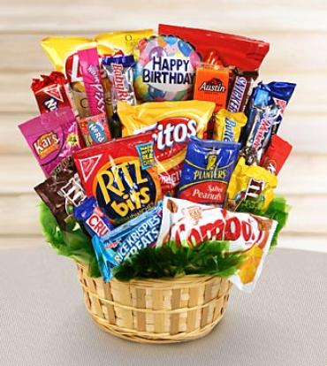 Sweets in Blooms Happy Birthday Snack Attack Basket